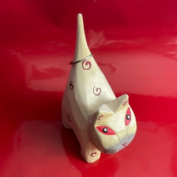 Tall Tail Kitty Cat Carved Wood Painted Folk Art Ring Holder Figurine‎ 5.2” - Picture 2 of 9
